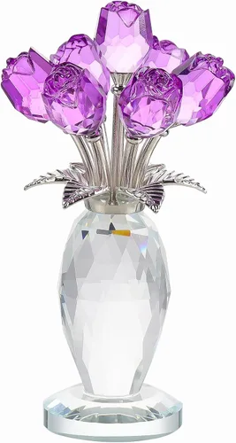Miniatura 11 de YWHL Figura de ramo de rosas azules de cristal con jarrón, hecha a mano para mujeres en el día de la madre, flores de cristal con tallo decoración