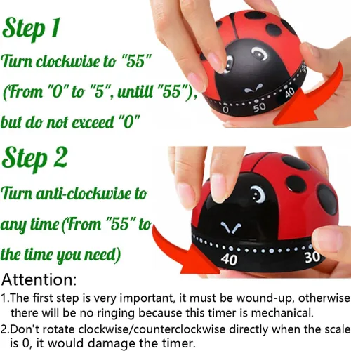 Miniatura 7 de Temporizador mecánico con forma de mariquita con cuerda de 60 minutos, temporizador giratorio manual de cuenta regresiva para horno, cocina, baño