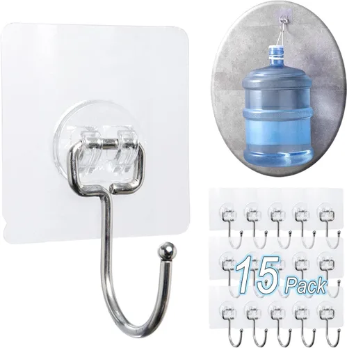 Miniatura 8 de Paquete de 15 ganchos grandes de pared adhesivos dobles, sin daños, impermeables, de 33 libras máximo, resistentes, para colgar, transparentes, sin