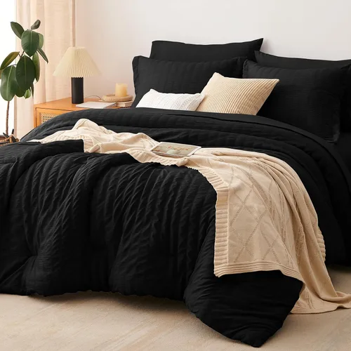 Miniatura 18 de CozyLux Juego de ropa de cama con edredón tamaño King Beige Seersucker de 7 piezas, juego de cama en una bolsa, con edredón, sábanas, fundas