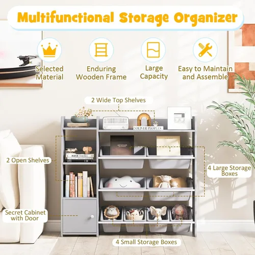 Miniatura 8 de GLACER Organizador de almacenamiento de juguetes para niños, estante de juguetes de 4 niveles con 8 contenedores de almacenamiento de plástico y Gris