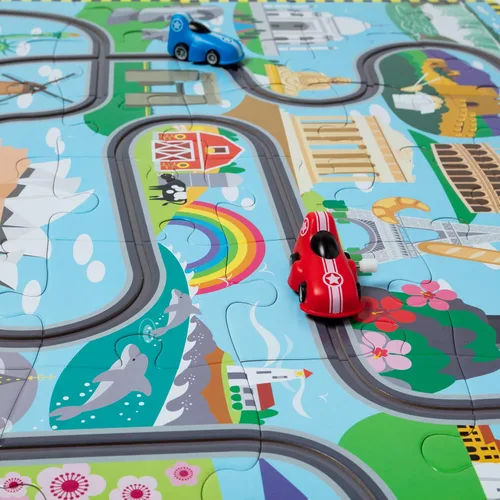 Miniatura 9 de Melissa & Doug Race Around The World Tracks - Rompecabezas de suelo de cartón y vehículos de cuerda (48 piezas) para preescolares y niños de 4+ años