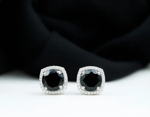Miniatura 2 de Aretes de ónix negro vintage de 12 CT con halo de diamantes (calidad AAA)