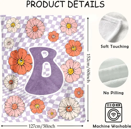 Miniatura 5 de Manta retro de los años 70 con inicial B floral a cuadros, groovy abstracta estética, manta de franela suave personalizada, regalos con monograma