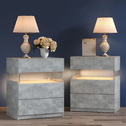 Miniatura 16 de Bingoday Moderna mesita de noche LED con 3 cajones, mesita de noche con luces LED ajustables, mesa auxiliar de almacenamiento grande para Blanco