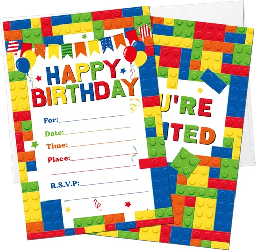 Nezyo Paquete de 30 invitaciones para fiesta de cumpleaños de niños, suministros de fiesta de niños, regalos de ladrillos apilables, juego de