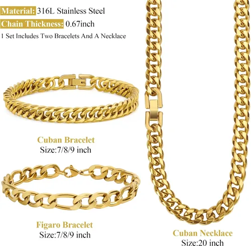 Miniatura 2 de Collar de pulsera Figaro de eslabones cubanos de 3 piezas, plata dorada y negra, resistente acero inoxidable 316L, cadena Figaro de eslabones