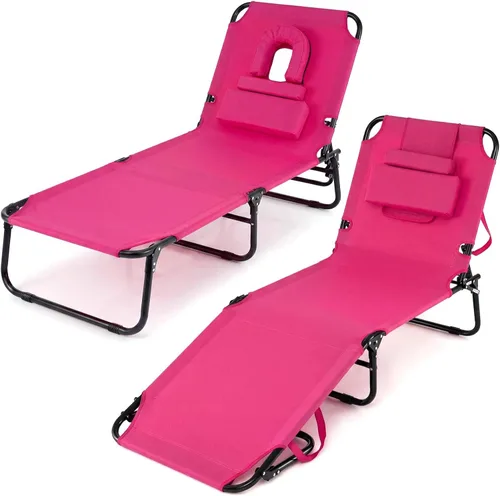 Miniatura 14 de Giantex Silla bronceadora, silla de patio ajustable con orificio para la cara, almohadas extraíbles, correa de transporte, silla de diseño, silla