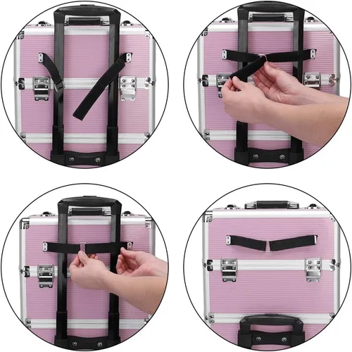 Miniatura 5 de Karl home Estuche de tren de maquillaje 3 en 1, carrito de cosméticos rodante, organizador de viaje de gran capacidad con llave ruedas giratorias
