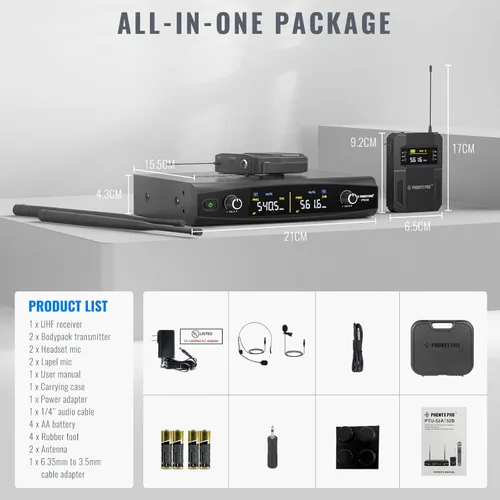 Miniatura 6 de Phenyx Pro Sistema de micrófono inalámbrico UHF PTU-52-2B Bundle con micrófono de solapa
