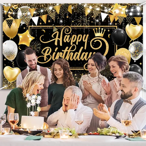 Miniatura 5 de AIBIIN Telón de fondo de feliz cumpleaños para hombre, fondo de fotografía dorado, globos negros, decoraciones de fiesta de cumpleaños, pancarta