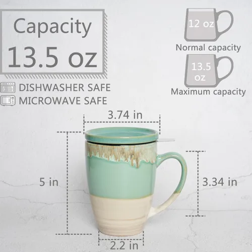 Miniatura 2 de Bosmarlin Taza de té de cerámica con infusor y tapa, 13.5 onzas, 5 colores a elegir, apta para lavavajillas y microondas, esmalte reactivo, taza