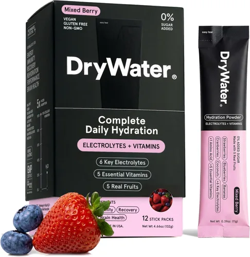 Miniatura 12 de DryWater® Paquetes de polvo de hidratación de electrolitos + vitaminas, limón de frambuesa (sin estevia), 1,000 mg de potasio, fruta orgánica real
