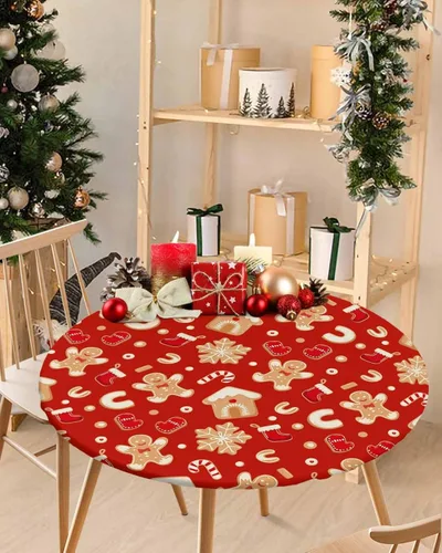 Miniatura 11 de Mantel ajustado redondo de Navidad con Poinsettia, mantel de lino retro de Navidad impermeable para mesa circular, mantel circular elástico de Rojo