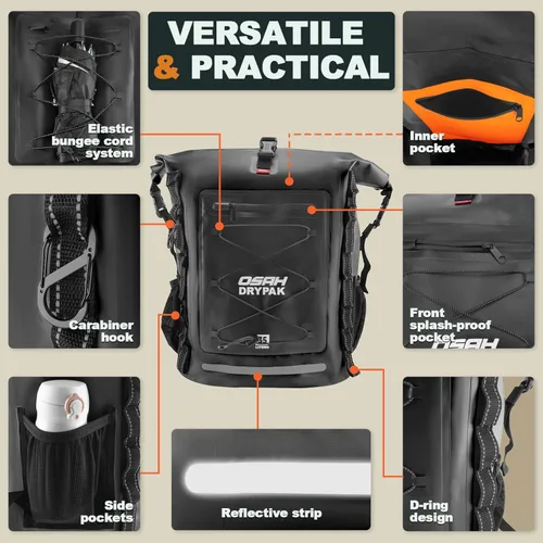 Miniatura 3 de OSAH DRYPAK Mochila impermeable Bolsa seca – Mochila de senderismo enrollable para viajes, kayak, canotaje, camping y pesca, Negro, 25 L, Casual