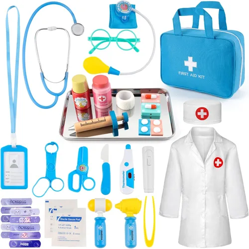 Miniatura 8 de Kit de médico para niños, 36 piezas de juego de doctor para niños pequeños de 3 a 5 años con bolsa médica y estetoscopio real, juego de doctor