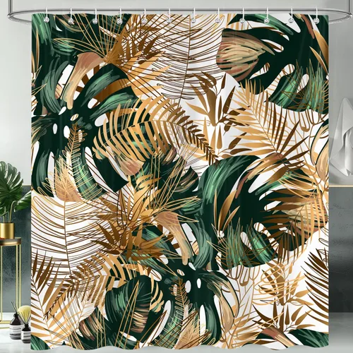 Miniatura 8 de Cortina de ducha bohemia con estampado floral negro y dorado, juego de cortinas de baño de tela impermeable con ganchos, 72 x 72 pulgadas