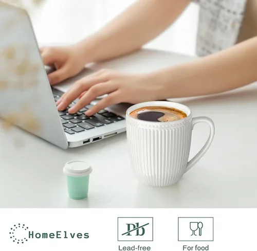 Miniatura 4 de Juego de Tazas de Café de 6, Tazas de Café Blancas de 16 Oz, Tazas de Porcelana, Grandes y Fáciles de Agarrar, Juego de Tazas en Relieve para Café