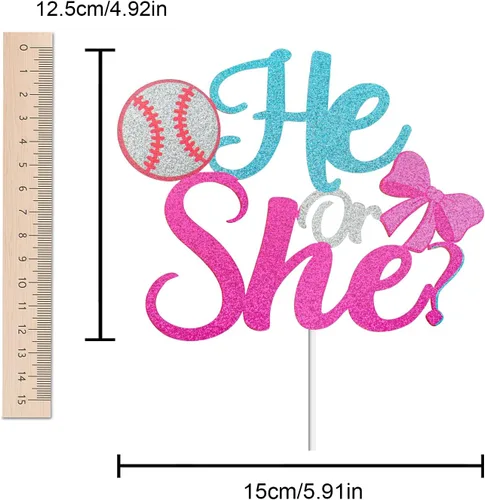 Miniatura 5 de Él or She Gender Reveal Cake Topper - Decoración para pastel de béisbol o lazos para niño o niña, suministros de anuncio de embarazo azul o rosa