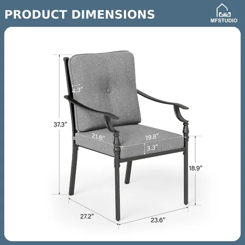 Miniatura 8 de MFSTUDIO Juego de 2 sillas de comedor para patio al aire libre, sillas de patio resistentes con cojines, sillas de terraza de hierro forjado