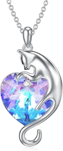 AOBOCO Cat Necklace for Women 925 Sterling Silver Cat Pendant Necklace Embellished with Crystals from Austria, Mother's Day Cat Jewelry Gifts for