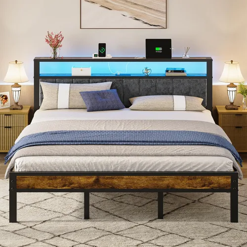 Miniatura 8 de Liians Base de cama de plataforma de tamaño individual con luces LED, cabecera tapizada gris con estantes de almacenamiento de 2 niveles, estación
