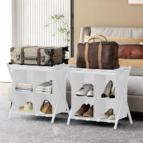 Miniatura 10 de Huhote Portaequipajes para habitación de invitados, soporte plegable para maleta con estante de almacenamiento de tela, soporte para equipaje