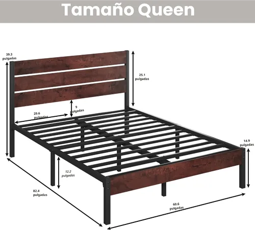Miniatura 2 de Fluest Base de cama Queen con cabecero y estribo, con almacenamiento debajo de la cama, sistema de soporte totalmente metálico, no necesita somier