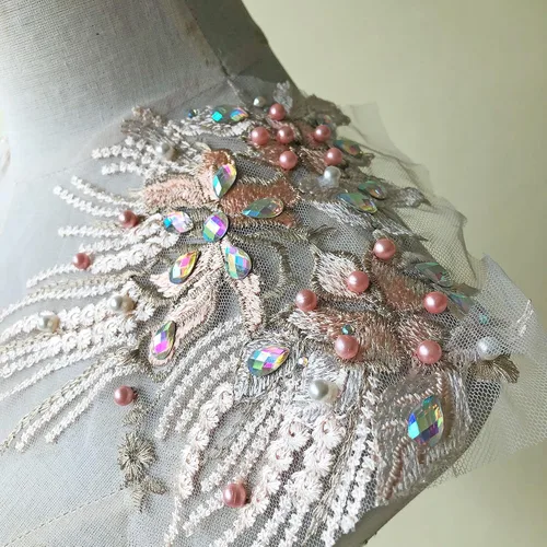 Miniatura 2 de Par de espejos con cuentas de encaje floral, diamantes de imitación coloridos, adorno de joyería, parche bordado en el hombro para disfraces