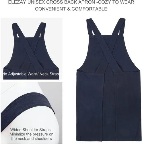 Miniatura 2 de ELEZAY Delantales para mujer con bolsillos, talla grande, cómodo, espalda cruzada, sin lazo, delantal de lino y algodón Azul marino