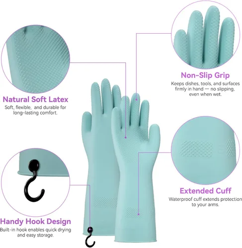 Miniatura 2 de Guantes de goma para lavar platos - 4 pares de guantes de cocina con ganchos de mano, guantes para el hogar, talla grande
