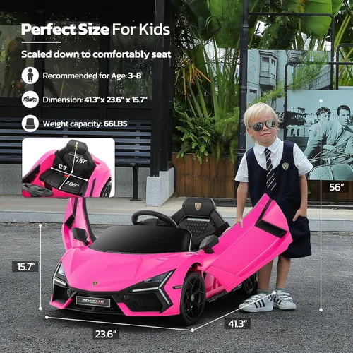 Miniatura 2 de ELEMARA Lamborghini con licencia Auto de Paseo con puerta de tijera, coche eléctrico para niños con control remoto, coche de 12 V para niños con Rosa