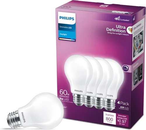 Miniatura 12 de PHILIPS Bombillas LED de 60 W A19, 4 unidades, ultra definición, blanco suave (2200 K), 800 lúmenes (8 W = 60 W), regulables, sin parpadeo, bombillas