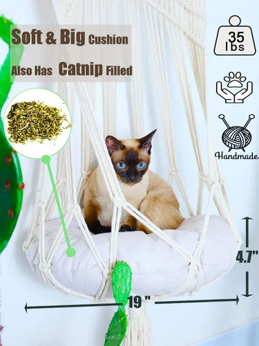 Miniatura 2 de KARCEEY Hamaca de macramé para gatos, cama colgante de macramé para gatos con cojín de hierba gatera y kit para colgar