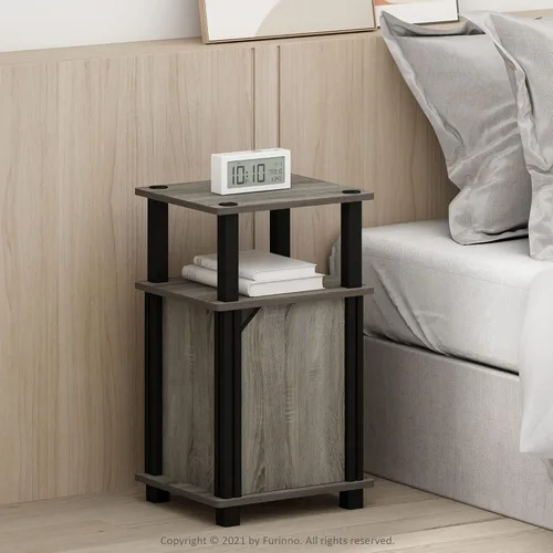 Miniatura 2 de Furinno Brahms - Mesita de sofá lateral de 3 niveles con puerta, 1 paquete, roble francés/negro