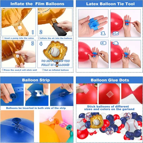Miniatura 4 de Guirnalda de arco de globos de béisbol, 146 piezas de papel de aluminio de béisbol, guantes de látex de confeti rojo, blanco, azul marino, confeti