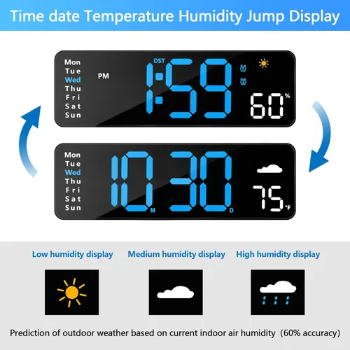 Miniatura 4 de Reloj de pared digital con control remoto para decoración de pared interior (azul) Large Display Plug in LED Digital Alarm Clocks with 12/24Hr