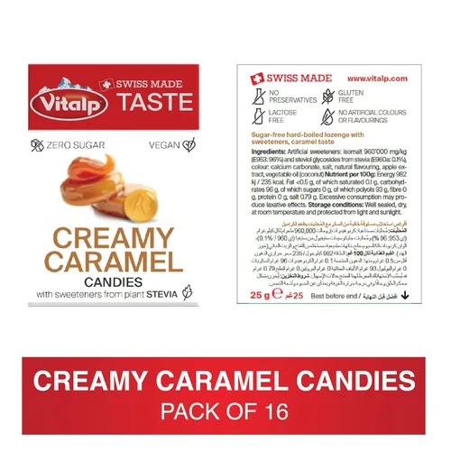 Miniatura 2 de Vitalp Taste, hecho en Suiza, caramelo duro sin azúcar con Stevia, vegano, sabor a caramelo cremoso, paquetes de 25g/0.88 onzas, 16 cajas
