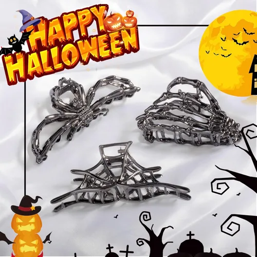 Miniatura 4 de 3 pinzas para el cabello en forma de garra con diseño de telaraña negra, mano de esqueleto y calavera para mujeres y niñas, de metal hiphop