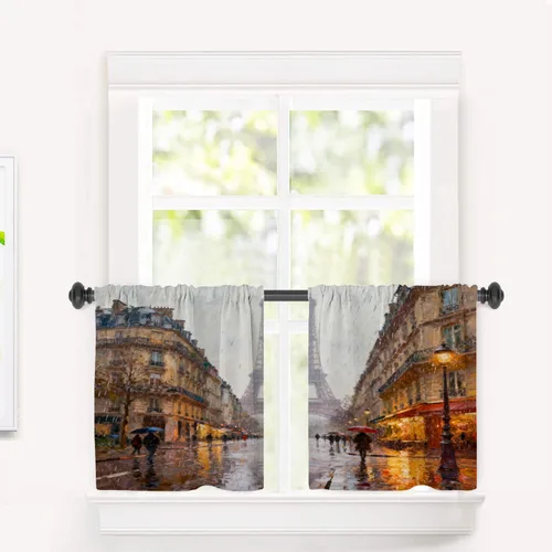 Cortinas opacas de cocina con pintura al óleo de Europa rosa y negra para ventanas, cenefas opacas modernas de torre Eiffel de poliéster multicapa