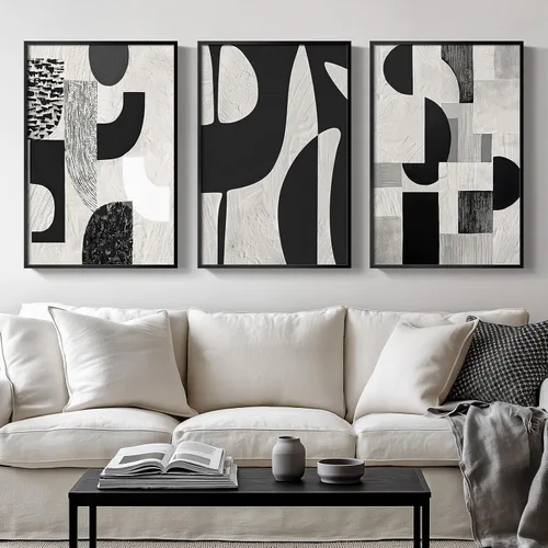 Miniatura 35 de Arte abstracto neutro en blanco y negro para sala de estar, 3 cuadros de impresiones en lienzo, para paredes, imágenes geométricas minimalistas