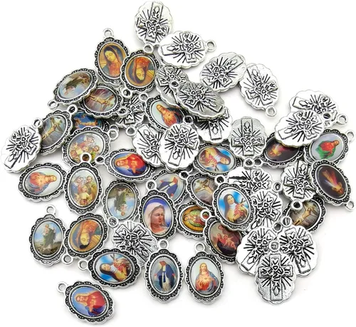 Miniatura 3 de 50 piezas de plata antigua con imagen de Jesús esmaltado Nuestra Señora Milagrosa Medalla Floral Rosario Centro de mesa de aleación Crucifijo Cruz