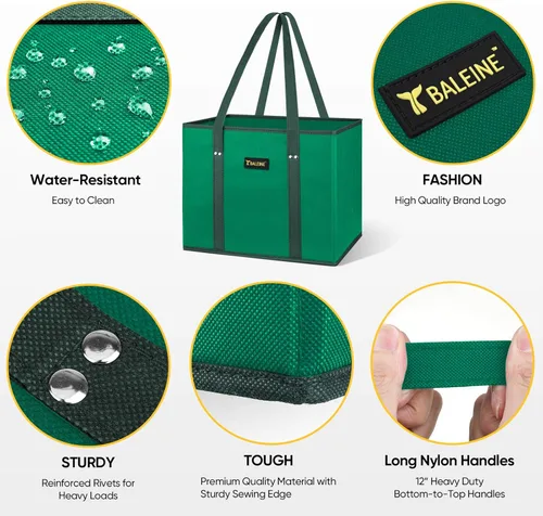 Miniatura 5 de BALEINE Paquete de 3 bolsas reutilizables para comestibles, bolsas de compras plegables para comestibles con parte inferior reforzada y asas (verde)