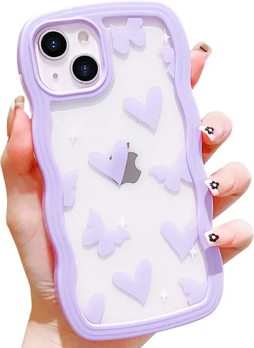SZXYCZL Funda compatible con iPhone 14 Plus, diseño de corazón de mariposa y corazón, para mujeres y niñas, funda estética Kawaii con borde