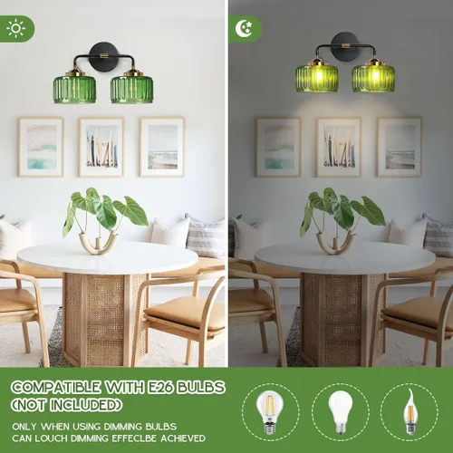 Miniatura 4 de Lámparas de baño de mediados de siglo, aplique de pared de 2 luces con pantalla de vidrio con rayas verdes, luz de montaje en pared, luces modernas