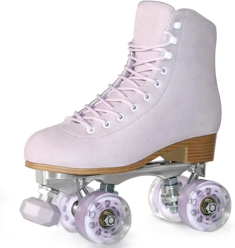 Miniatura 6 de Patines de ruedas para mujer o hombre con topes de goma ajustables en altura, patines retro de gamuza cuádruples para exteriores e interiores Púrpura