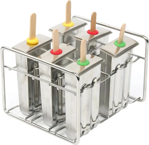 Miniatura 7 de Juego de 6 moldes y estantes de acero inoxidable para paletas – Máquina casera de golosinas de hielo con 50 palos de madera y 6 sellos de silicona
