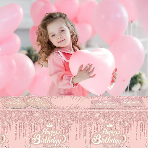 Miniatura 6 de 41 piezas de decoración de fiesta de cumpleaños de oro rosa - Suministros de tema rosa y oro - Incluye 20 platos, 20 servilletas y 1 mantel