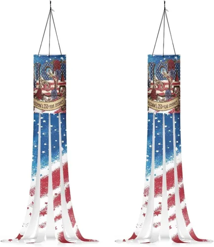 Miniatura 12 de Binienty 4th of July Winsock Patriotic Outdoor Decor Wind Socks Hanging Flag Welcome Home Decoration Party Yard Hanging Windsock, 2 Pcs Set Decor