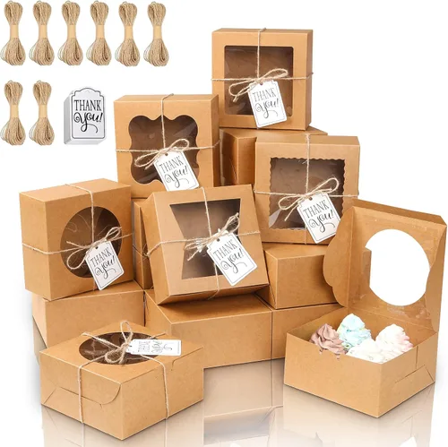 Miniatura 13 de KPOSIYA 65 cajas de panadería con ventana de 6 x 6 x 3 pulgadas, cajas de galletas de 5 estilos, cajas pequeñas de pastelería para dulces, postres